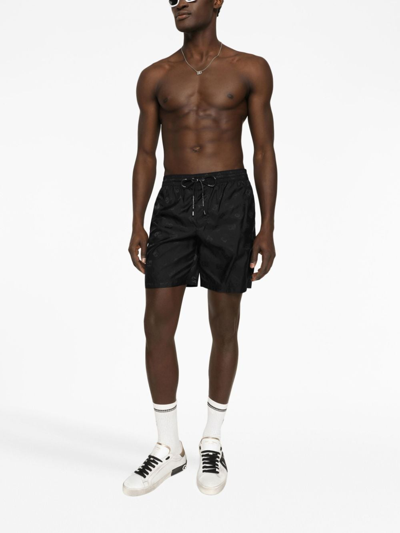Dolce & Gabbana Mid-length Jacquard Swim Trunks With Dg Monogram In Black