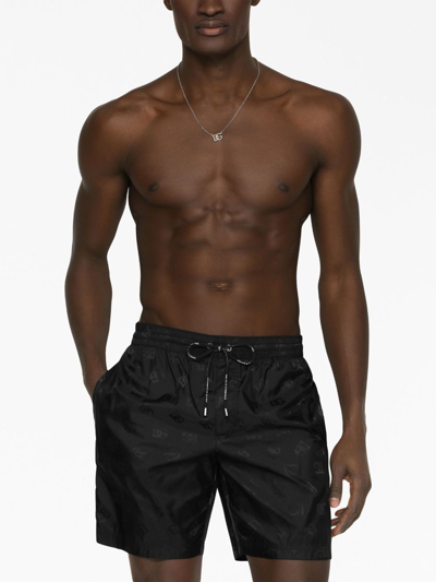 Dolce & Gabbana Mid-length Jacquard Swim Trunks With Dg Monogram In Black