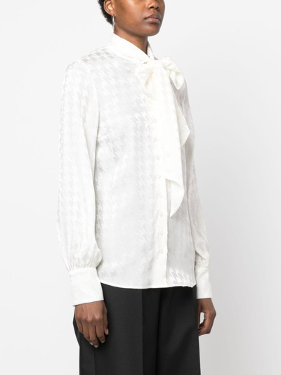 Shop Msgm Gathered Tie-neck Houndstooth-pattern Blouse In Neutrals