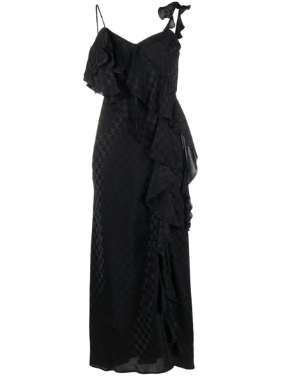 Shop Msgm Ruffled-trim Houndstooth-pattern Dress In Black