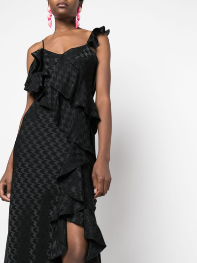 Shop Msgm Ruffled-trim Houndstooth-pattern Dress In Black