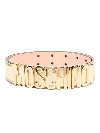 Shop Moschino Logo-lettering Leather Belt In Gold