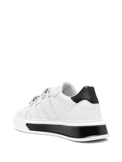 Shop Roberto Cavalli Rhinestone-embellished Leather Sneakers In White