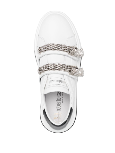 Shop Roberto Cavalli Rhinestone-embellished Leather Sneakers In White