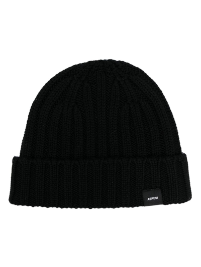 Shop Aspesi Logo-patch Ribbed Beanie In Black