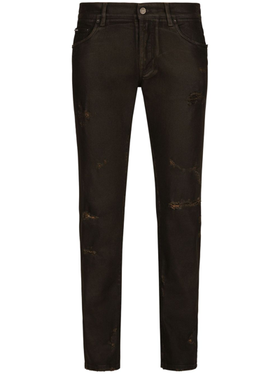 Shop Dolce & Gabbana Ripped-detailing Slim-fit Jeans In Black