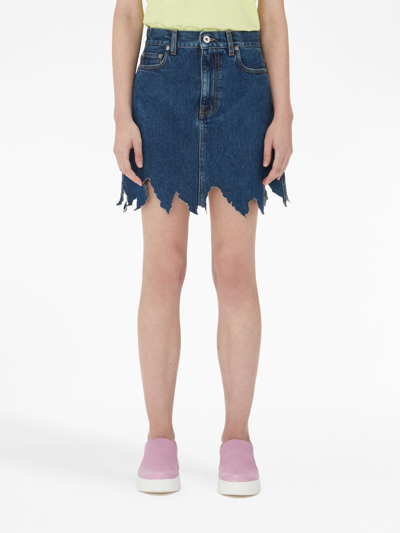 Shop Jw Anderson Lasercut Frayed-hem Denim Skirt In Blue