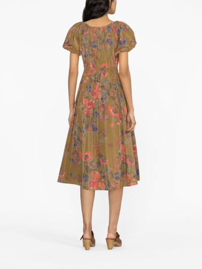 Shop Ulla Johnson Cecile Floral-print Taffeta Dress In Brown