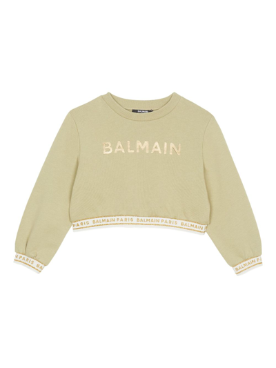 Shop Balmain Logo-print Cotton Sweatshirt In Green