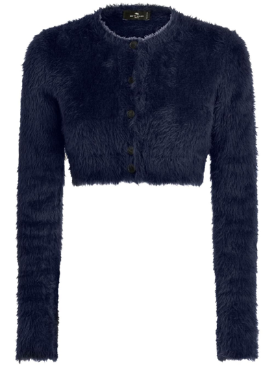 Shop Etro Brushed-knit Cropped Cardigan In Blue