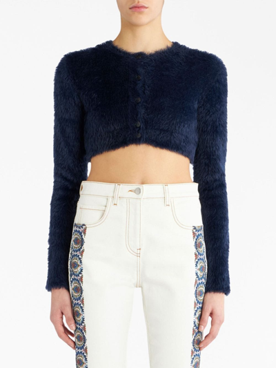 Shop Etro Brushed-knit Cropped Cardigan In Blue