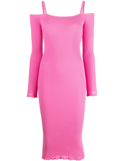 Shop Blumarine Off-shoulder Ribbed-knit Dress In Pink