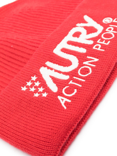 Shop Autry Logo-embroidered Ribbed-knit Beanie In Red