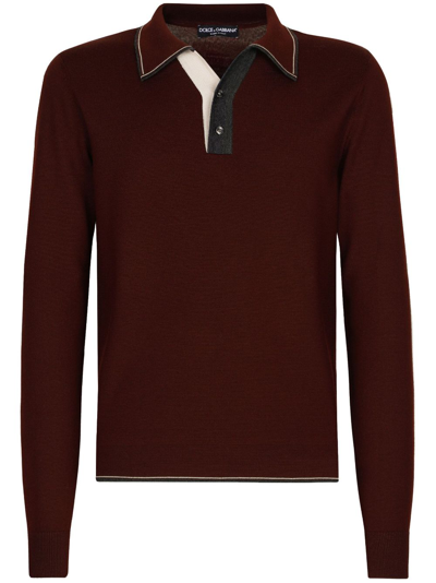 Shop Dolce & Gabbana Contrasting-border Virgin-wool Polo Top In Red