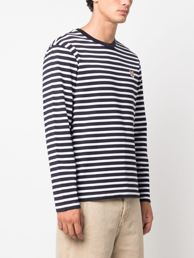Shop Maison Kitsuné Fox-motif Striped Cotton T-shirt In Blue