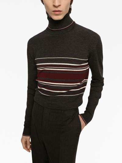 Dolce & Gabbana Turtleneck Virgin Wool Sweater With Unbalanced Stripe Motif In Black