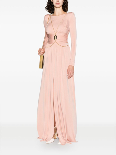 Elisabetta Franchi Gathered Long-sleeve Flared Gown In Neutrals