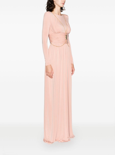 Elisabetta Franchi Gathered Long-sleeve Flared Gown In Neutrals