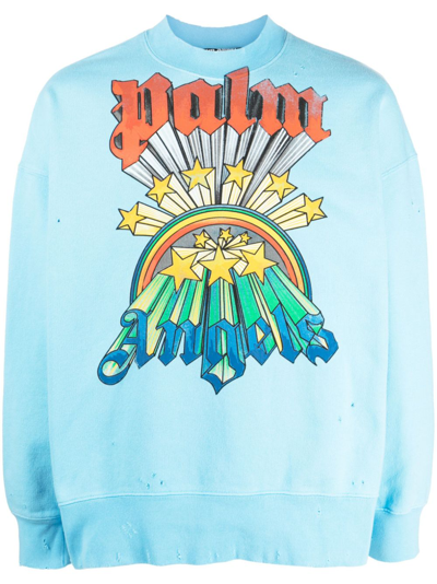 Shop Palm Angels Rainbow Logo-print Cotton Sweatshirt In Blue