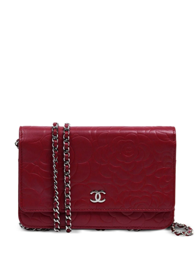 Pre-owned Chanel 2011 Camellia-embossed Wallet-on-chain In Red