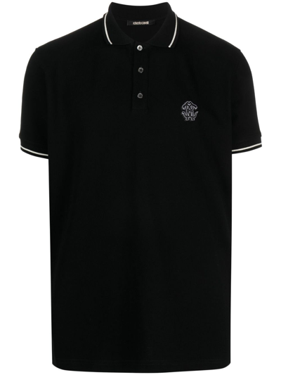 Shop Roberto Cavalli Mirror Snake Cotton Polo Shirt In Black