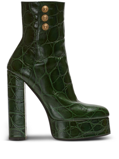 Shop Balmain Brune Croco-embossed Ankle Boots In 7pa