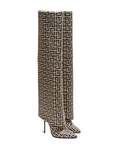 Balmain Monogram-print Ariel Knee-high Boots 95 In Black