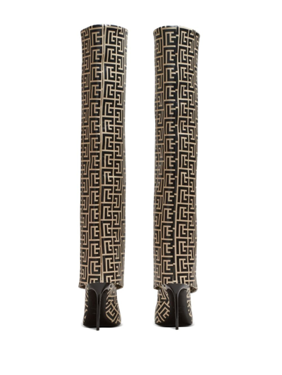 Balmain Monogram-print Ariel Knee-high Boots 95 In Black