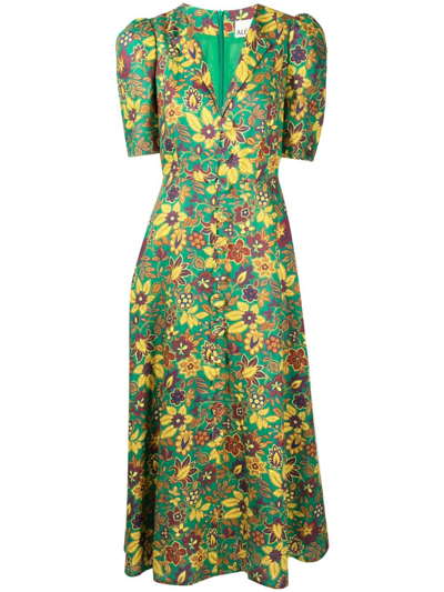 Shop Alemais Isabella Floral-print Linen Midi Dress In Green