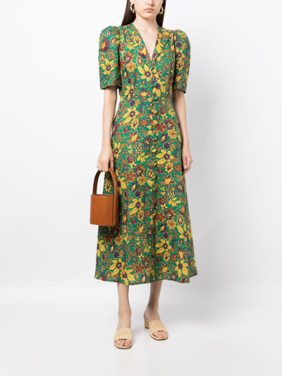 Shop Alemais Isabella Floral-print Linen Midi Dress In Green