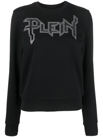 Shop Philipp Plein Ls Crystal Logo-appliqué T-shirt In Black