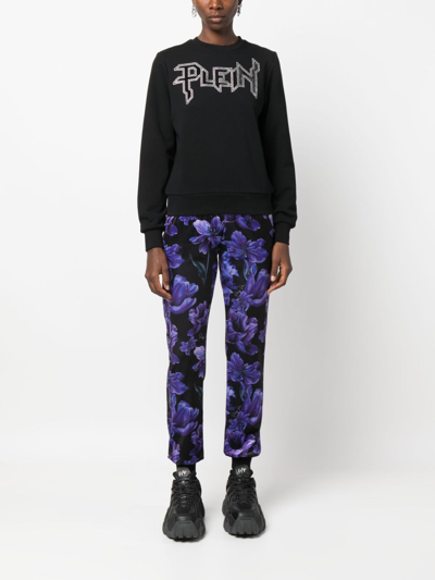 Philipp Plein Ls Crystal Logo-appliqué T-shirt In Black