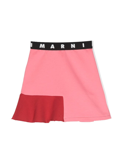 Shop Marni Logo-waistband Flared-hem Skirt In Pink