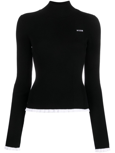 Shop Msgm Intarsia-knit Logo Ruffled-trim Jumper In Black