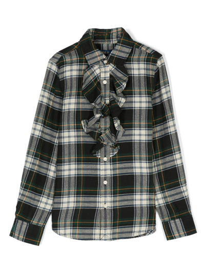 Shop Ralph Lauren Plaid-check Ruffled Cotton Shirt In Green