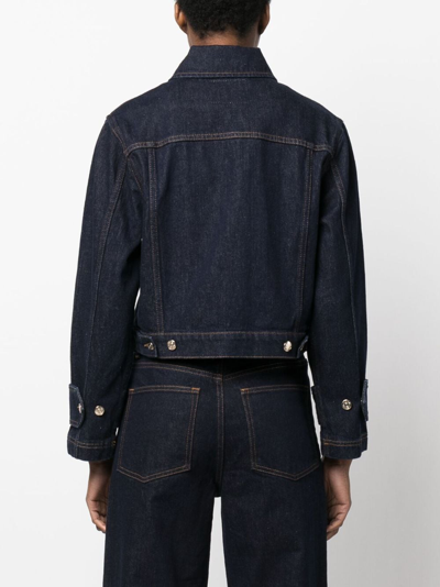 Shop Claudie Pierlot Cropped Dark-wash Denim Jacket In Blue