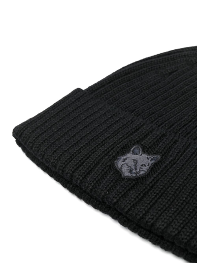 Shop Maison Kitsuné Chillax Fox-motif Ribbed Beanie In Black