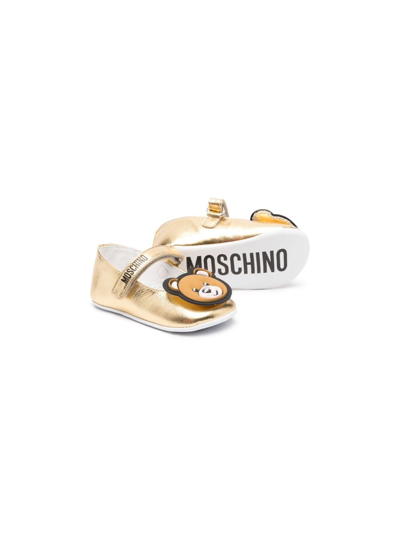 Shop Moschino Teddy Bear Metallic-finish Ballerina Shoes In Gold
