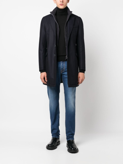 Shop Herno Hybrid High-neck Single-breasted Coat In Blue