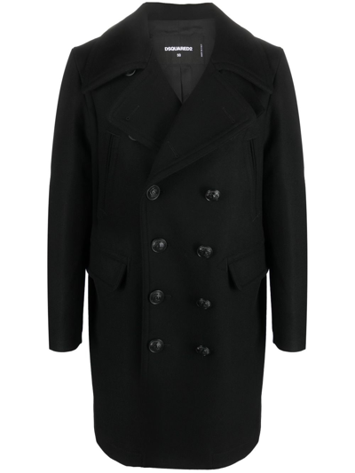 Dsquared2 Black Coat With Double-breasted Fastening And Branded Buttons In Wool Man In Black