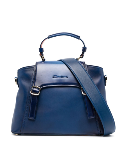 Shop Santoni Medium Logo-debossed Tote Bag In Blue