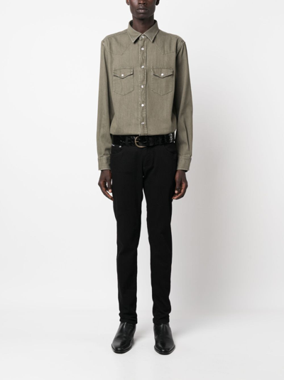 Tom Ford Pointed-collar Press-stud Denim Shirt In Green