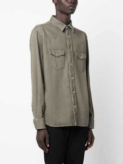 Tom Ford Pointed-collar Press-stud Denim Shirt In Green