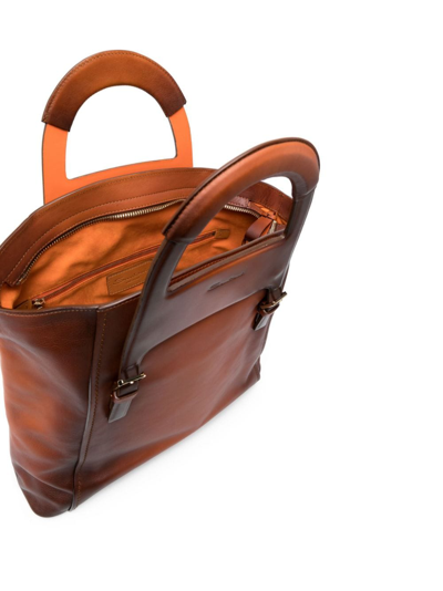 Shop Santoni Flat-handles Leather Handbag In Brown
