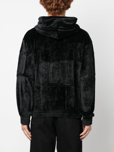 Shop Gcds Logo-patch Velvet Hoodie In Black