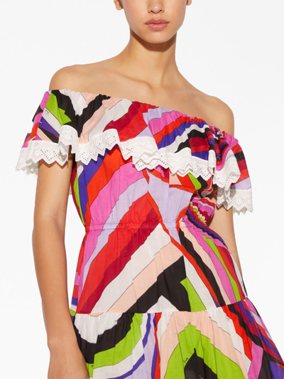 Shop Pucci Iride-print Off-shoulder Cotton Dress In Pink