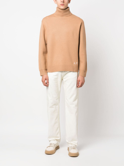 Apc Logo Wool Knit Turtleneck Sweater In Brown