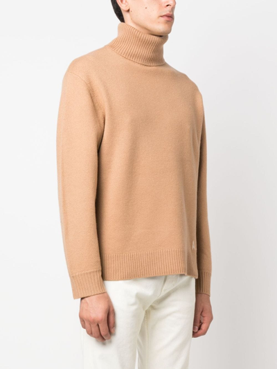Apc Logo Wool Knit Turtleneck Sweater In Brown