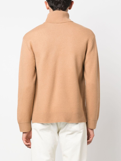 Apc Logo Wool Knit Turtleneck Sweater In Brown