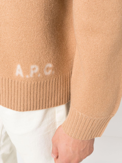 Apc Logo Wool Knit Turtleneck Sweater In Brown